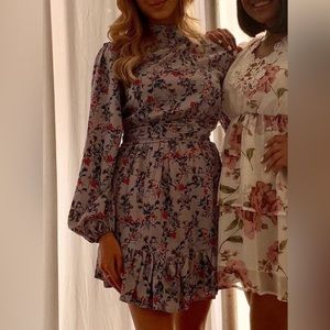PrettyLittleThing Dusty Blue Floral High Neck Frill Hem Shift Dress